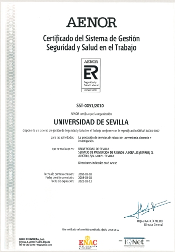 Certificado del Sistema de Gestión. Seguridad y Salud en el Trabajo